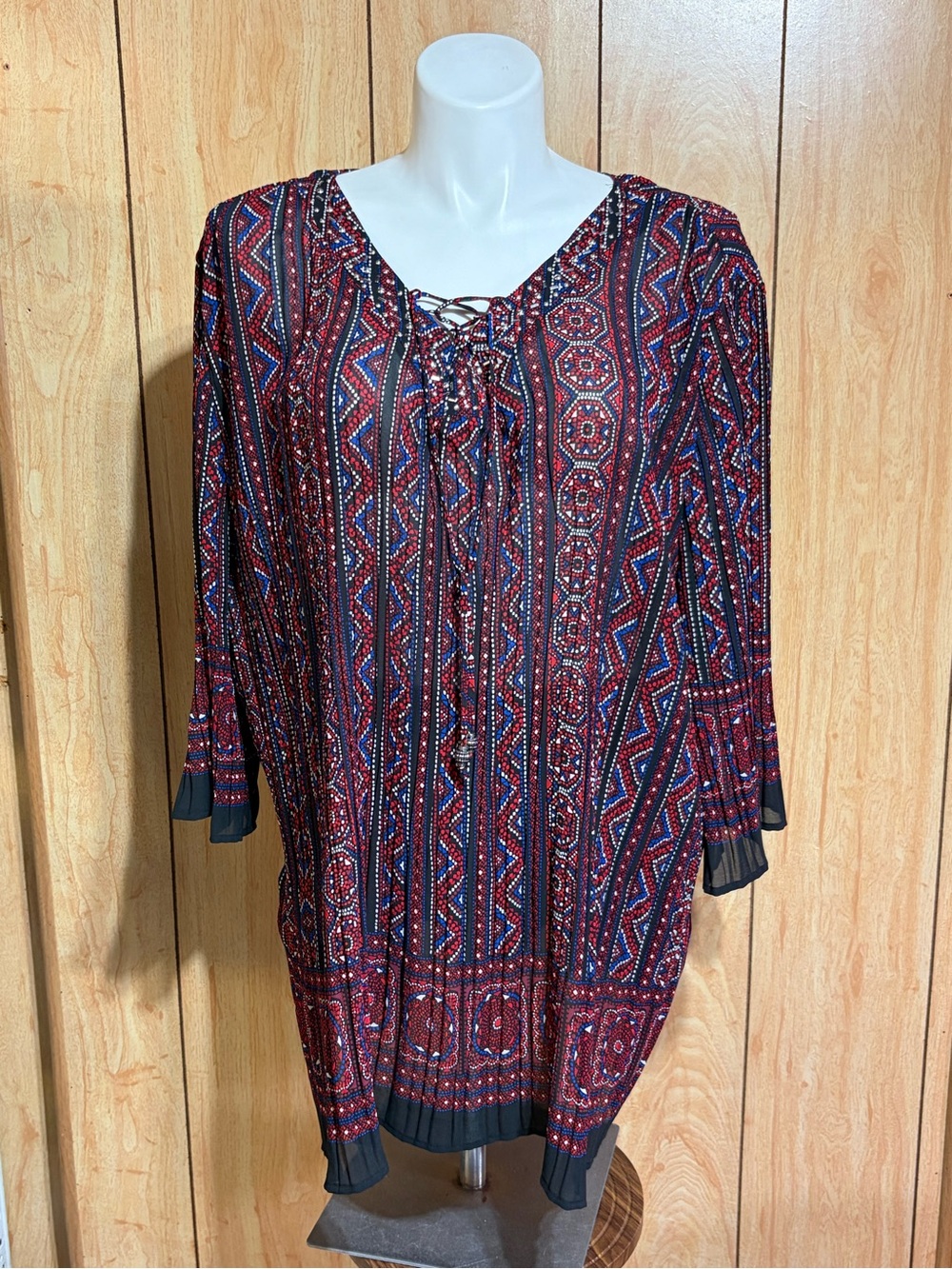 Catherines Red Multi Lace-Up Boho Blouse SZ - 4X